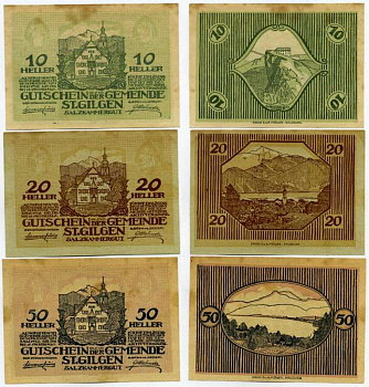 Австрия, Санкт-Гильген набор из 3 банкнот 10, 20, 50 геллеров 1920 8 мая 1920 - 15 октября 1920, нотгельд, коммуна в земле Зальцбург   бумага  аUNC  7555-22-4-1