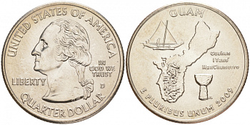 США 25 центов = квотер 2009 D, серия штаты США, Гуам KM 447 медь плакированная медно-никелем UNC M32-21