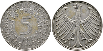 ФРГ 5 марок 1951 J (Гамбург), J. 387, KM 112.1 серебро 4178-1316