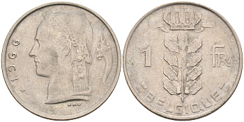 БЕЛЬГИЯ 1 ФРАНК 1966 BELGIQUE KM 142.1 медно-никель 4563-1253