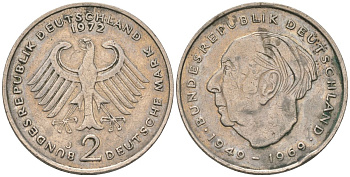ФРГ 2 марки 1972 J, Теодор Хойс, 20 лет Федеративной Республике KM A127 медно-никель 4557-1211