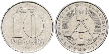 ГДР 10 пфеннигов 1968 A KM 10 алюминий 4141-517