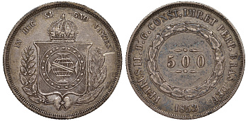 Бразилия 500 рейс 1853 Педро II (1831-1889) KM 464 серебро 413-3615