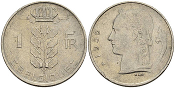 БЕЛЬГИЯ 1 ФРАНК 1955 BELGIQUE KM 142.1 медно-никель 4546-441