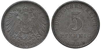 ГЕРМАНИЯ 5 ПФЕННИГОВ 1919 A KM 19, J. 297 железо 45-1162
