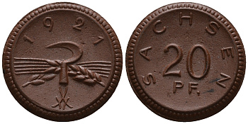 Саксония 20 пфеннигов 1921 колосья и серп J. N 53 фарфор UNC 1094-7-82
