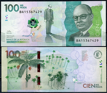 Колумбия 100000 песо 2024 Карлос Льерас Рестрепо, восковые пальмы в долине Кокора Pick 463  бумага  UNC (пресс) 451-1198-2