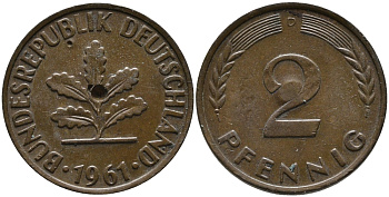 ФРГ 2 пфеннига 1961 D KM 106, J. 381 бронза 99-124