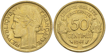 ФРАНЦИЯ 50 САНТИМОВ 1941 ТИП MORLON KM 894.1, LE FRANC 192.18 алюминиевая бронза 44-635