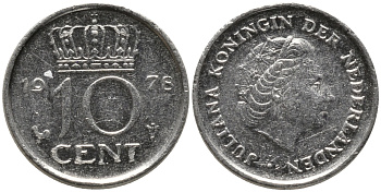 Нидерланды 10 центов 1978 Юлиана (1948-1980) КМ 182 никель 4609-456