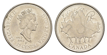 Канада 25 центов 2002 Золотой юбилей Елизаветы II KM 451 сталь плакированная никелем 4631-713