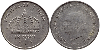 Швеция 1 крона 2002 Карл XVI Густав (1973- ) KM 894 медно-никель 4364-1443