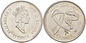 Канада 25 центов 2000 миллениум, Елизавета II, ЗДОРОВЬЕ, третий портрет в короне KM 373 никель aUNC 63-213