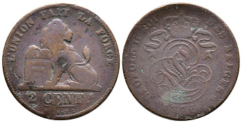 Бельгия 2 сантима 1876 Belges, Леопольд II (1865-1909) KM 35.1 медь 4364-4133