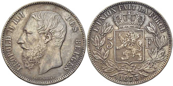 Бельгия 5 франков 1873 Леопольд II (1865-1909), позиция А KM 24 серебро 5010-932