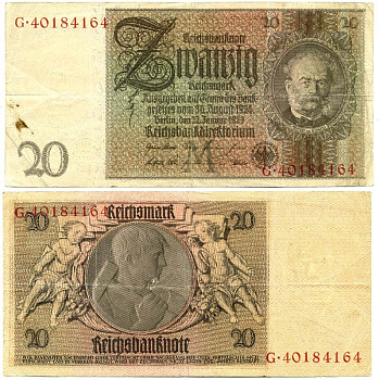 Германия 20 рейхсмарок 1929 Вернер фон Сименс, буква M, серия G Pick 181 a, Ros. 174 a  бумага   7203-4-3-2