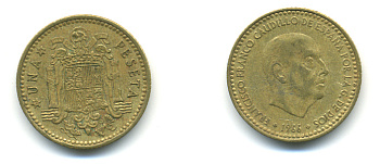 Испания 1 песета 1966 (74) Франсиско Франко (1939-1975) KM 796 алюминиевая бронза 177-113