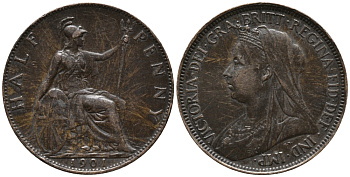 Великобритания 1/2 пенни 1901 Виктория (1837-1901) KM 789, Spink 3962 бронза 34-956