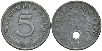 Германия 5 рейхспфеннигов 1941 F, монетный двор Штутгарт KM 100, J. 370 цинк 186-743