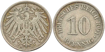 ГЕРМАНИЯ 10 ПФЕННИГОВ 1901 A KM 12, J. 13 медно-никель 4401-1233