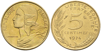 Франция 5 сантимов 1974 тип Марианна KM 933 никель алюминий медь    4594-1131