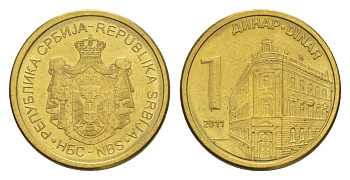 Сербия 1 динар 2011 KM 54 сталь плакированная латунью UNC 4647-137
