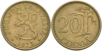 ФИНЛЯНДИЯ 20 ПЕННИ 1973 S KM 47 алюминиевая бронза 4563-317