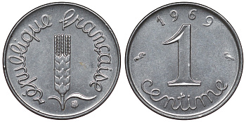 Франция 1 сантим 1969 пятая республика KM 928, Le Franc 106.18 нержавеющая сталь 4124-421