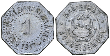 Шнайдемюль (Пруссия, Позен) 1 пфеннингов 1917 Funck 480.6, Men18 28523.8, Men18?28523.9 цинк aUNC 1515-223