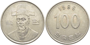 Южная Корея 100 вон 1986 Ли-Сунсин, корейский флотоводец KM 35.2 медно-никель 113-433