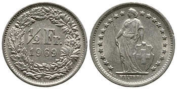 Швейцария 1/2 франка 1969 В KM 23а.1 медно-никель 220-413