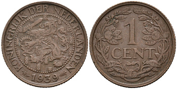 Нидерланды 1 цент 1939 Вильгельмина (1890-1948) KM 152 бронза 4576-743