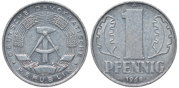 ГДР 1 ПФЕННИГ 1968 А КМ 8.1 алюминий 62-1244