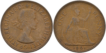 Великобритания 1 пенни 1961 Елизавета II (1952-2022) КМ 897, Spink 4157 бронза 4144-924