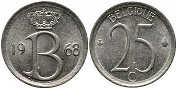 Бельгия 25 сантимов 1968 Belgique, Бодуэн I (1951-1993) KM 153.1 медно-никель 99-418