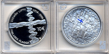 Финляндия 10 евро 2008 90 лет Финскому флагу, цветная эмаль KM 140 серебро  PROOF 5-3-1-44
