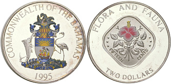 Багамские острова 2 доллара 1995 Флора и фауна, Гибискус, Екатерина II (1952-2022) KM 164 серебро, эмаль PROOF 4552-724