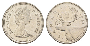 Канада 25 центов 1981 Елизавета II (1952-2022), олень KM 74 никель aUNC 4631-627