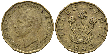Великобритания 3 пенса 1942 Георг VI (1936-1952) KM 849, Spink 4112 никель латунь 177-727