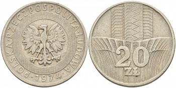 Польша 20 злотых 1974 монетный двор Кремница KM 67, Parchimowicz 245b медно-никель 4403-514