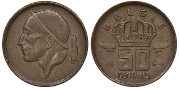 Бельгия 50 сантимов 1954 Belgie KM 149 бронза 4124-546
