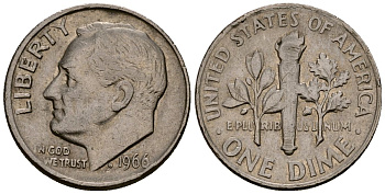 США 10 центов (дайм) 1966 Рузвельт KM 195a медь плакированная медно-никелем 4164-927