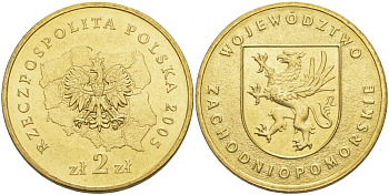 Польша 2 злотых 2005 MW, серия польские воеводства, Западно-Поморское воеводство KM 563, Parchimowicz 950 нордик UNC 4676-257
