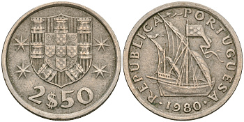 Португалия 2,5 эскудо 1980 парусник KM 590 медно-никель 08-1314