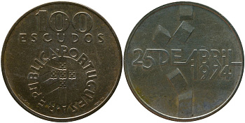 Португалия 100 эскудо 1976 INCM, Революция гвоздик (25 de Abril 1974) KM 603 серебро BUNC 4583-123