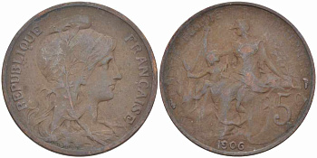 ФРАНЦИЯ 5 САНТИМОВ 1906 ТИП ДАНИЭЛЬ ДЮПЮИ KM 842, LE FRANC 119.16 бронза 108-847