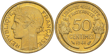 Франция 50 сантимов 1941 тип Морлон KM 894.1, Le Franc 192.18 алюминиевая бронза 44-413