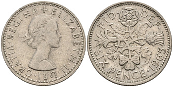 Великобритания 6 пенсов 1965 Елизавета II (1952-2022) KM 903, Spink 4149 медно-никель 4596-1048