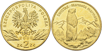 Польша 2 злотых 2006 MW, серия всемирная природа, альпийский сурок KM 534, Parchimowicz 988 нордик UNC 4676-343