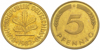 ФРГ 5 ПФЕННИГОВ 1982 G KM 107, J. 382 сталь плакированная латунью 3996-1157